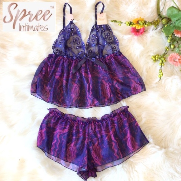 Spree Intimates 2pc Navy Swirl Mesh Camisole Babydoll Nightie Set Size L or XL - Picture 1 of 6
